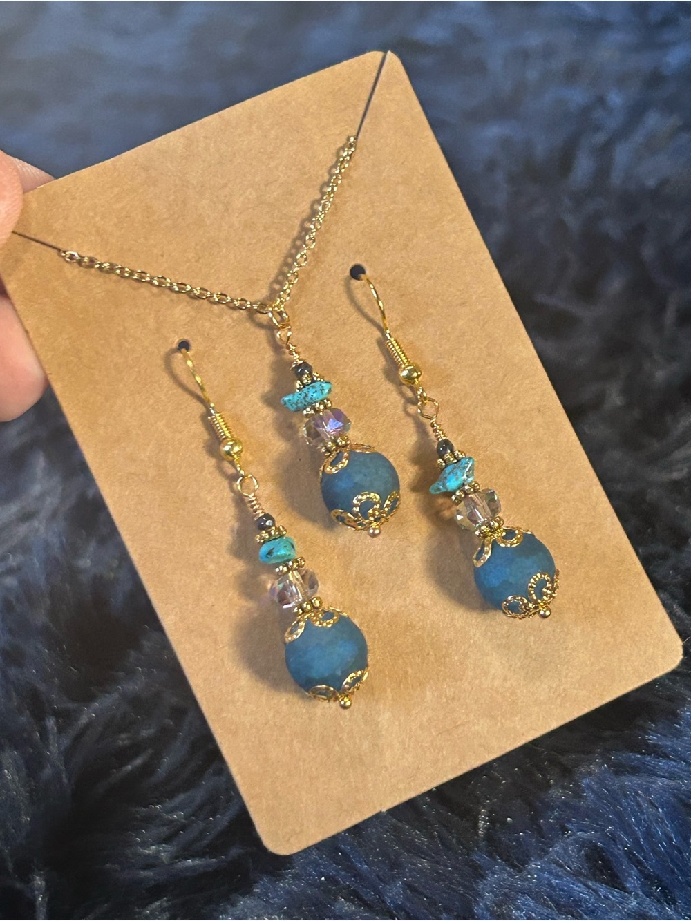 Handcrafted blue crackle glass crystal turquoise necklace and earring set